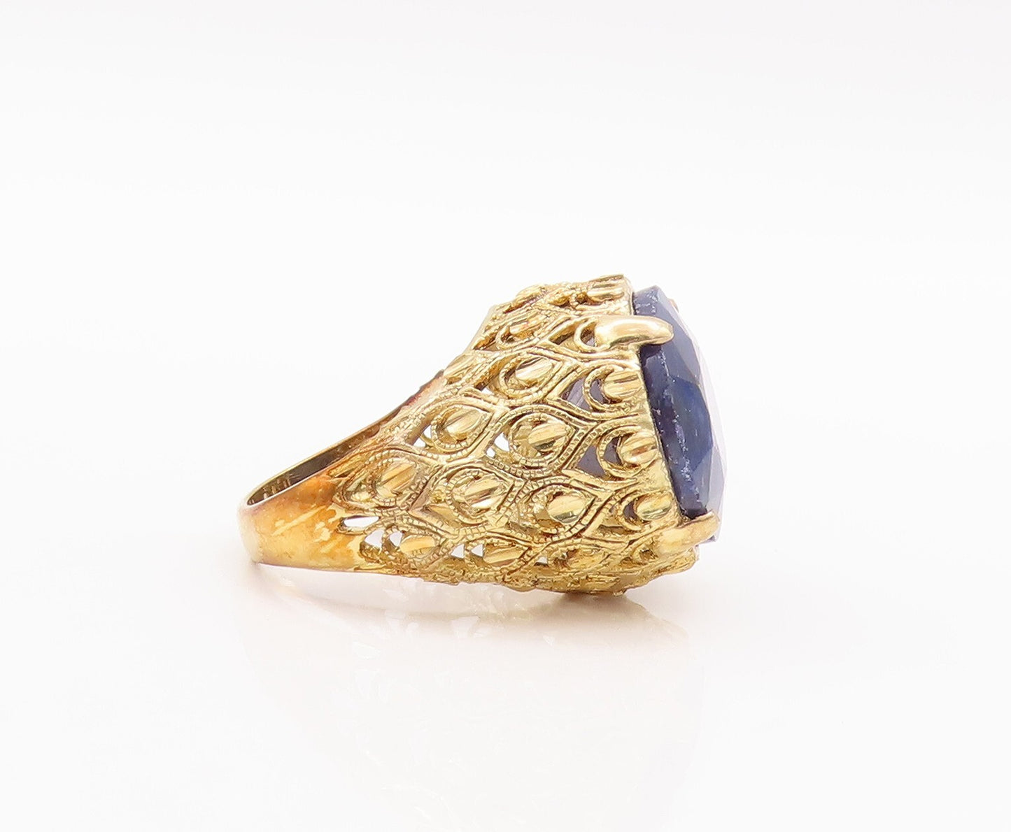 925 Sterling Silver Vintage Ring Gold Plated Floral Carved Gemstone Sz 7 RG29624