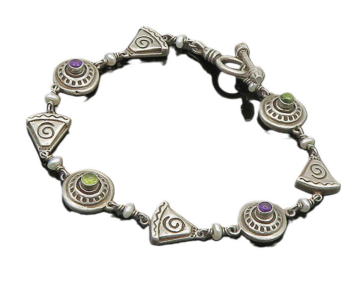 MWD 925 Silver  Vintage Peridot Amethyst & Petite Pearls Chain Bracelet BT7106