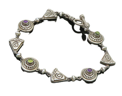 MWD 925 Silver  Vintage Peridot Amethyst & Petite Pearls Chain Bracelet BT7106
