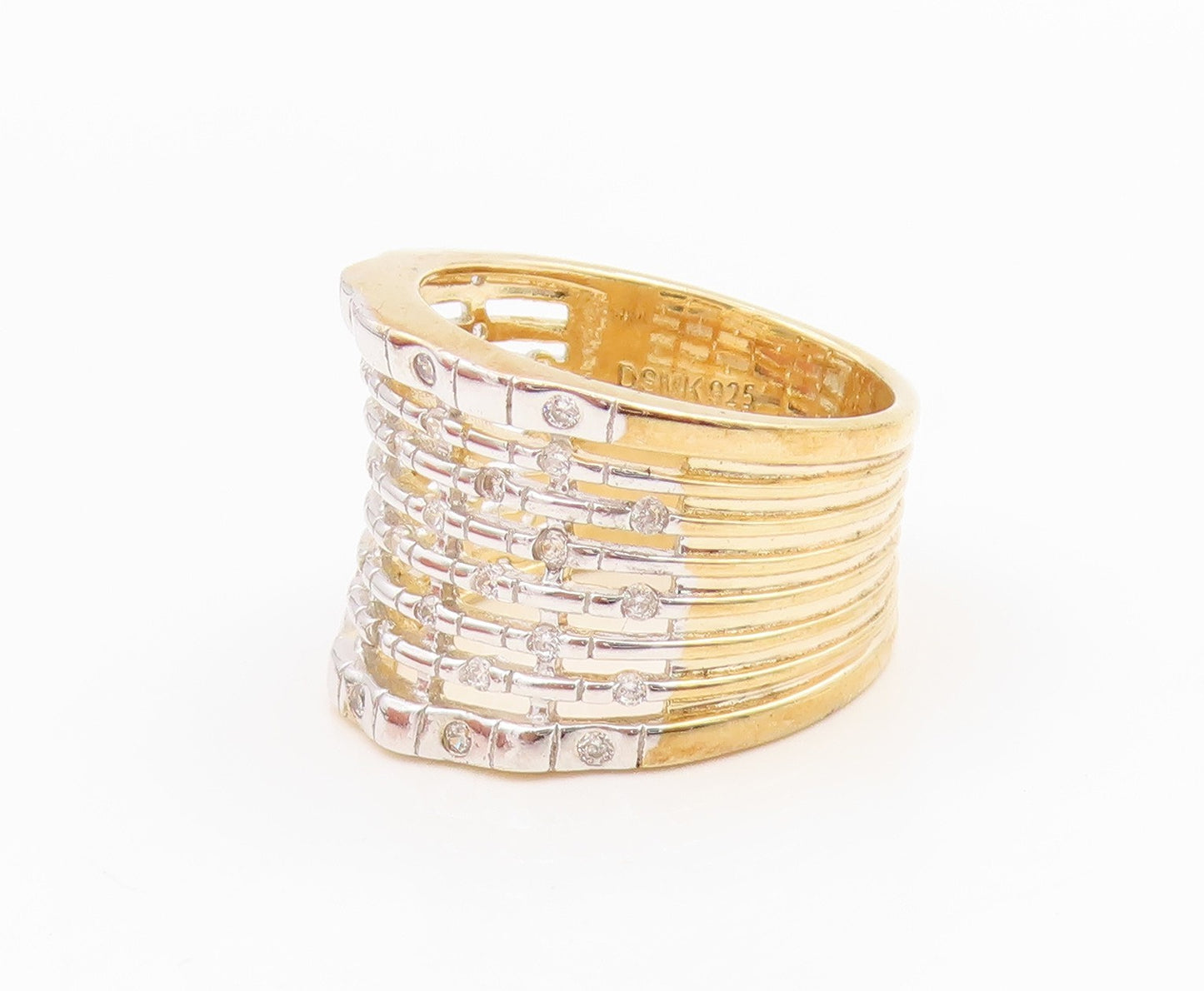925 Sterling Silver Vintage Ring Two Tone Multi Row CZ Wide Band  Sz 7  RG35620