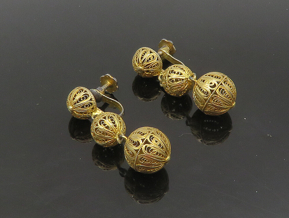 925 Sterling Silver  Vintage Triple Sphere Filigree Dangle Earrings  EG11490