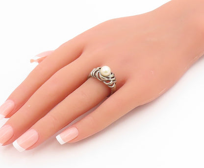 925 Sterling Silver Vintage Ring Round Pearl Elegant Woven Band  Sz 9  RG34888