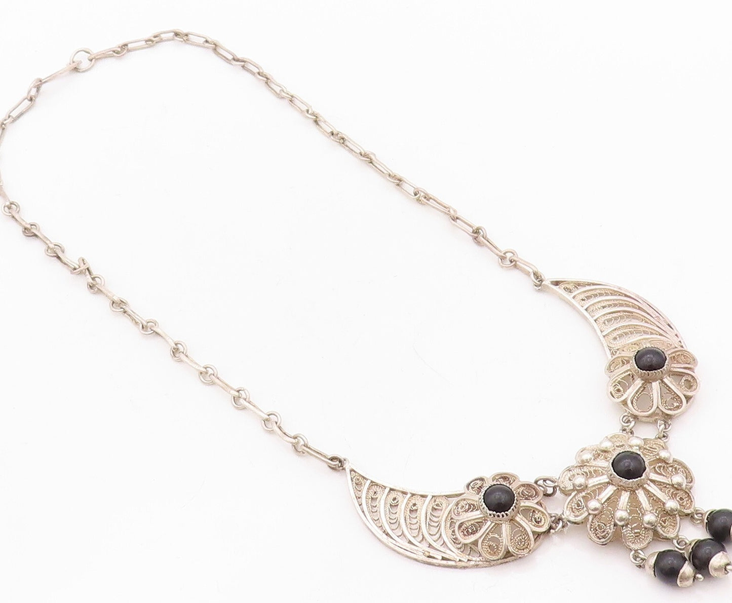925 Sterling Silver Vintage Necklace Designer Filigree Floral Onyx  NE4306