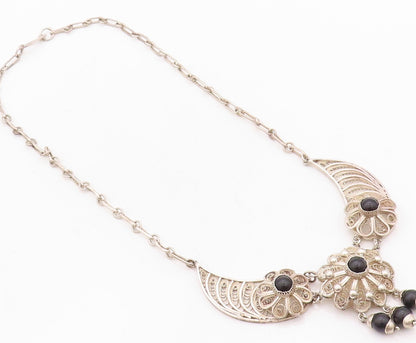 925 Sterling Silver Vintage Necklace Designer Filigree Floral Onyx  NE4306