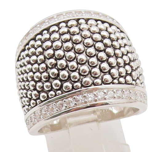925 Sterling Silver Vintage Ring CZ Caviar Beaded Statement Band Sz 9.5 RG35252