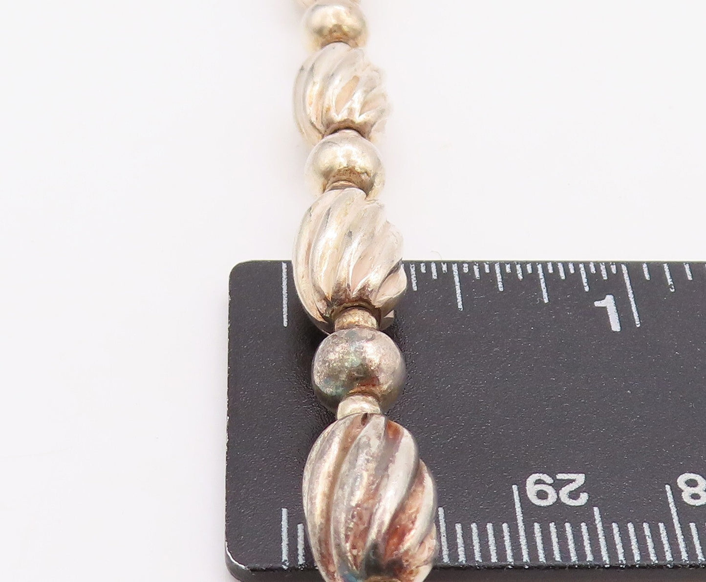 925 Sterling Silver Vintage Necklace Long Grooved Puffed Beads Chain  NE4398