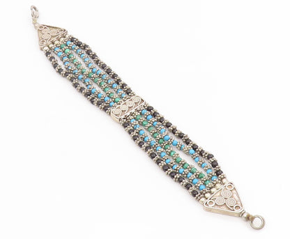 925 Sterling Silver Vintage Bracelet Multi Gemstone Beads Bohemian Chain BT11708