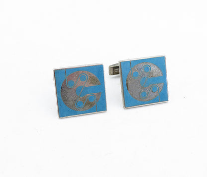 925 Sterling Silver  Vintage Blue Enamel Design Bullet Back Cuff Links  TR1253