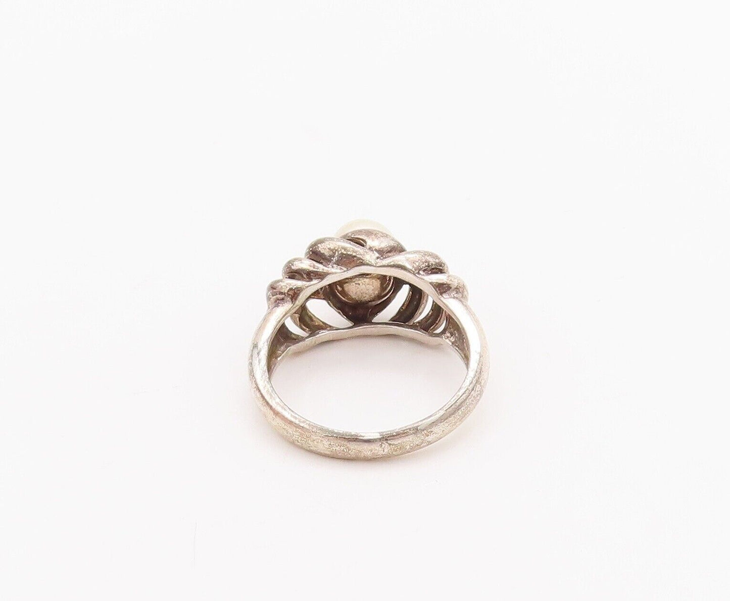 925 Sterling Silver Vintage Ring Cutout Swirled Neck Beaded Pearl  Sz 8  RG28290