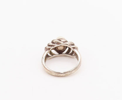 925 Sterling Silver Vintage Ring Cutout Swirled Neck Beaded Pearl  Sz 8  RG28290