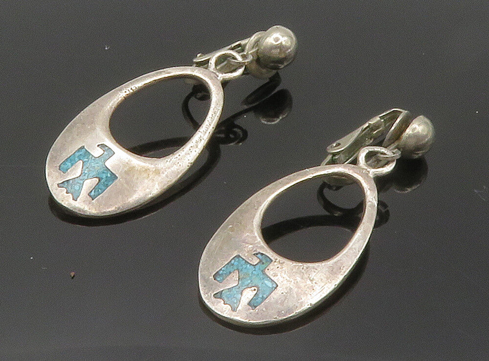 SOUTHWESTERN 925 Silver Vintage Inlaid Turquoise Peyote Drop Earrings EG7544