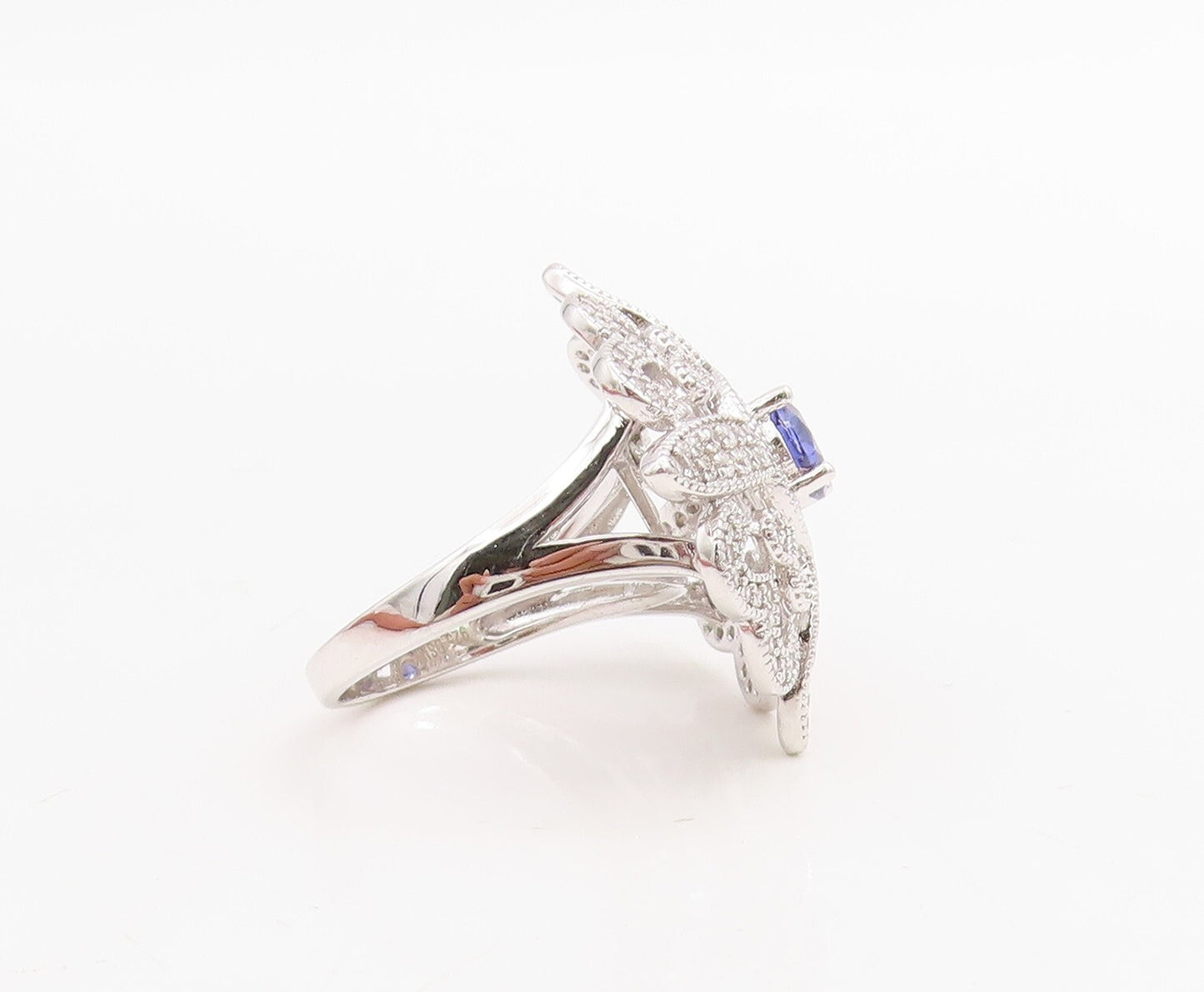 925 Sterling Silver Vintage Ring Flower Cutout Sapphire & CZ Inlay  Sz 7 RG30749