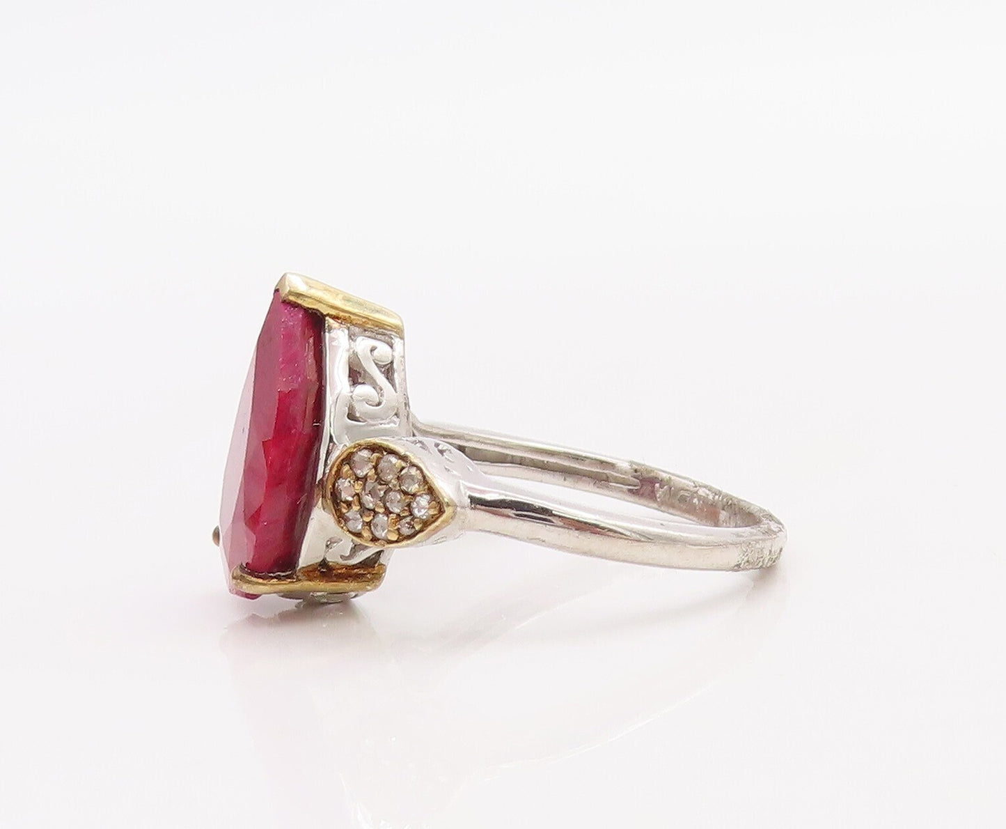 925 Sterling Silver Vintage Ring Diamonds & Drop Cut Gemstone  Sz 7.5  RG30527