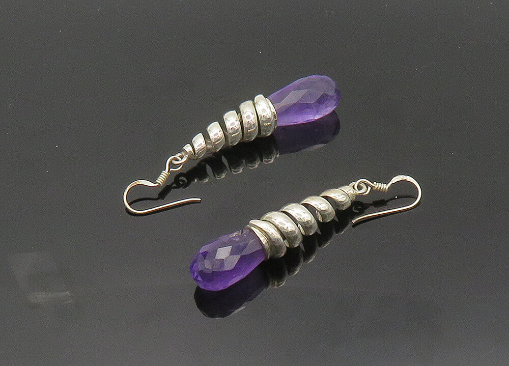 925 Sterling Silver  Vintage Faceted Amethyst Shiny Rain Drop Earrings  EG9913