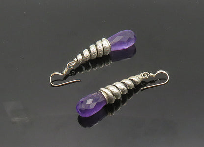 925 Sterling Silver  Vintage Faceted Amethyst Shiny Rain Drop Earrings  EG9913