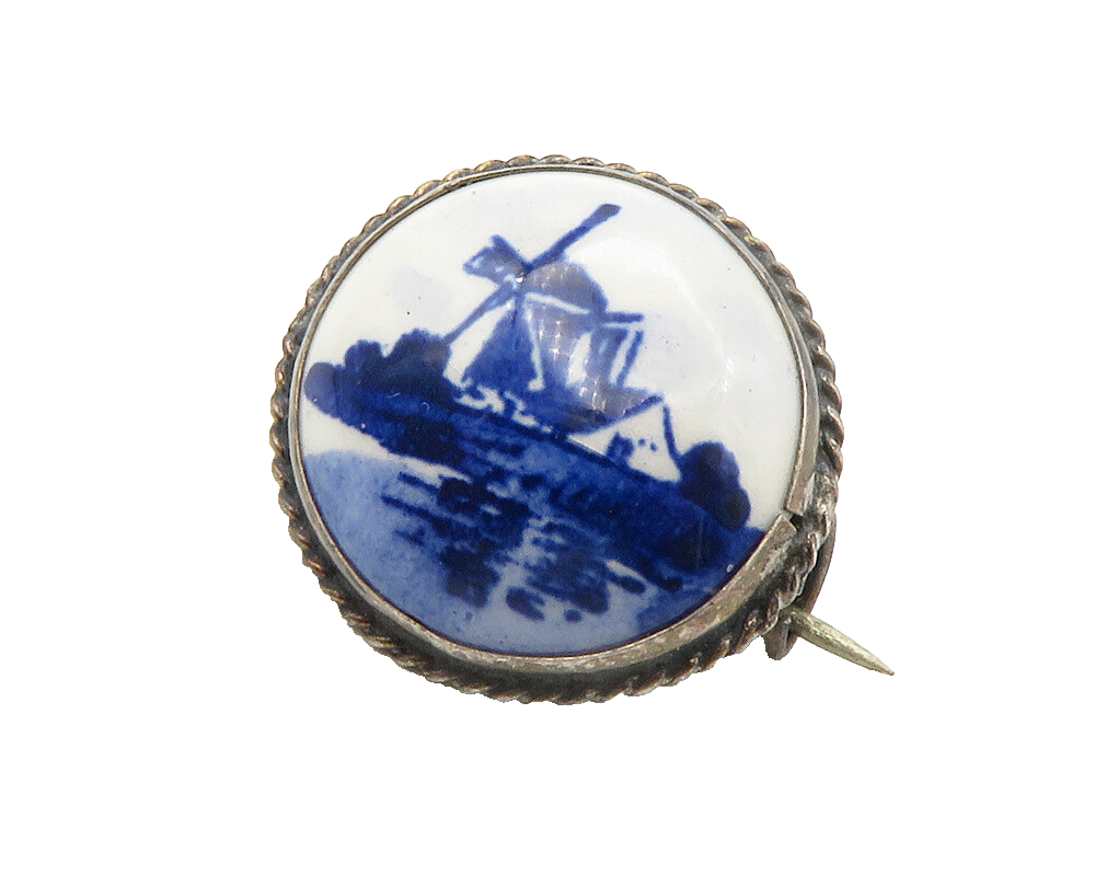 HOLLAND 925 Sterling Silver  Vintage Enamel Windmill Scene Brooch Pin  BP5547