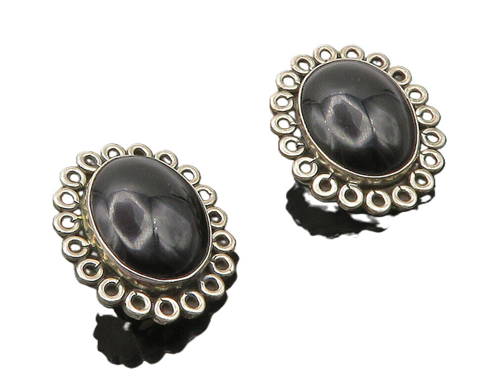 MEXICO 925 Silver  Vintage Black Onyx Floral Non Pierce Drop Earrings  EG7984