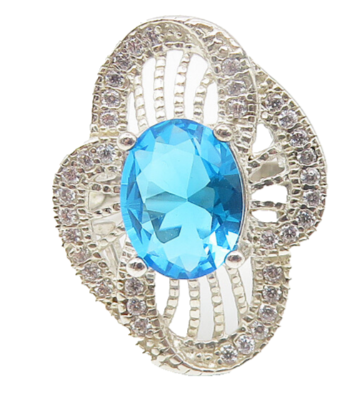 925 Sterling Silver  Blue Topaz Floral Filigree Cocktail Ring Sz 6.5  RG10858