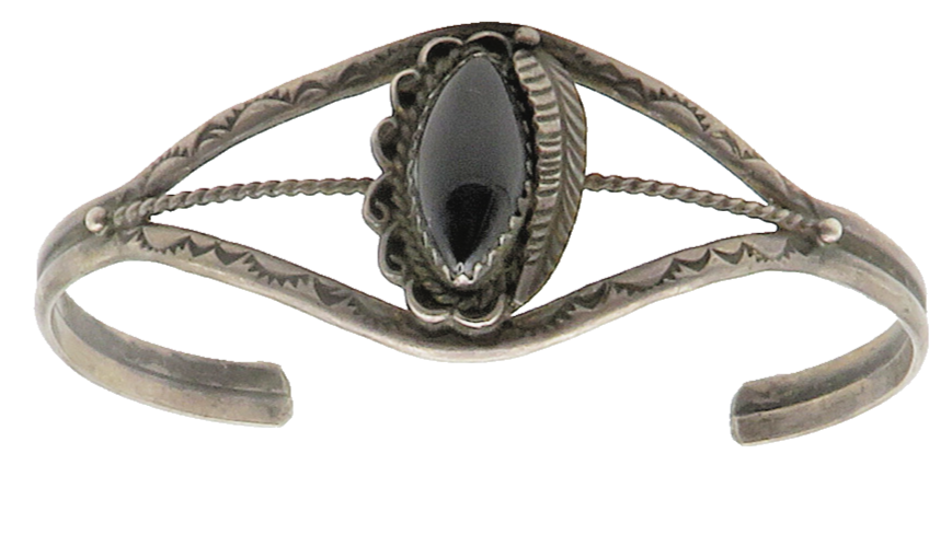 NAVAJO 925 Sterling Silver  Vintage Black Onyx Floral Cuff Bracelet  BT6000