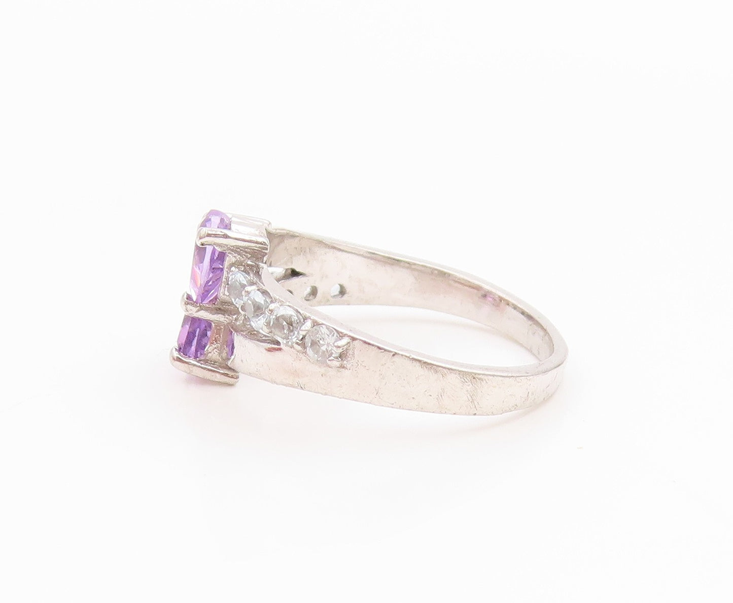925 Sterling Silver Vintage Ring Amethyst & CZ Double Love Heart  Sz 6  RG36131