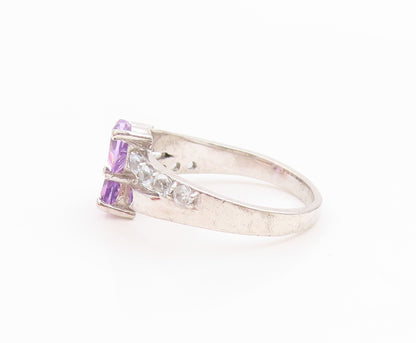 925 Sterling Silver Vintage Ring Amethyst & CZ Double Love Heart  Sz 6  RG36131