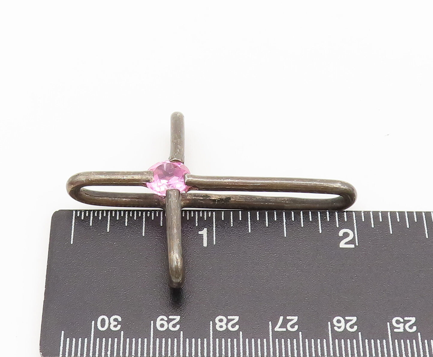 MEXICO 925 Sterling Silver  Vintage Solid Cross With Pink CZ Pendant  PT22303