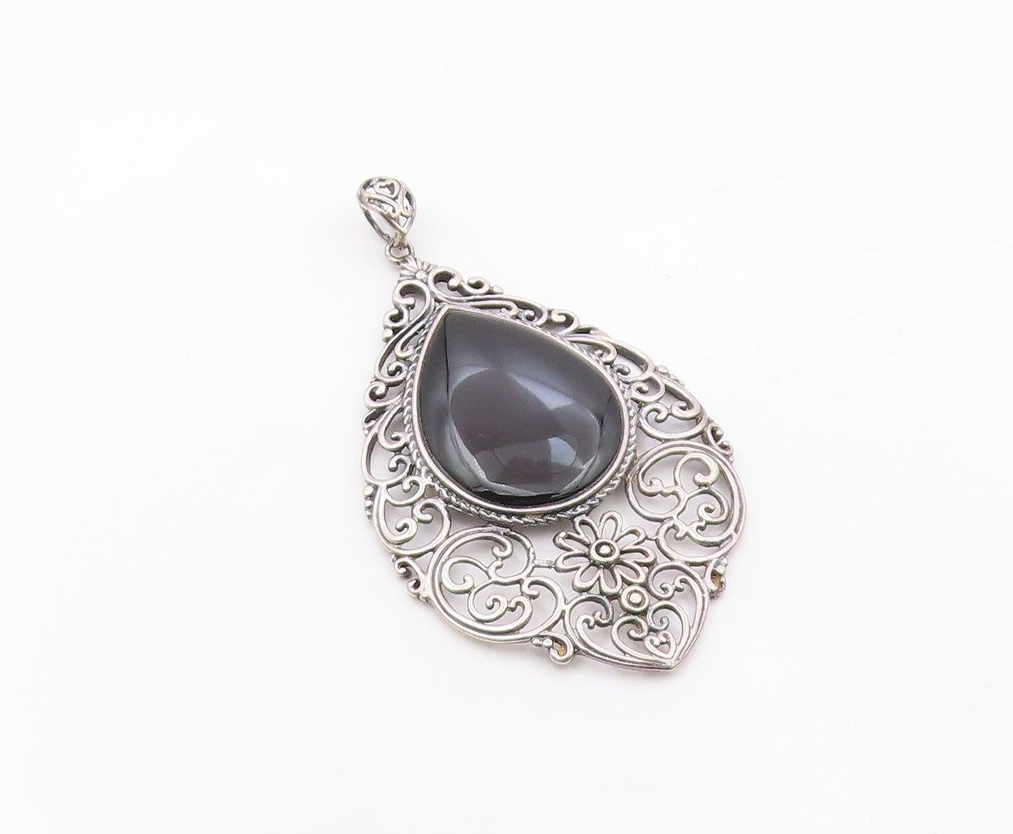 925 Sterling Silver  Vintage Black Onyx Floral Baroque Swirl Pendant  PT15438