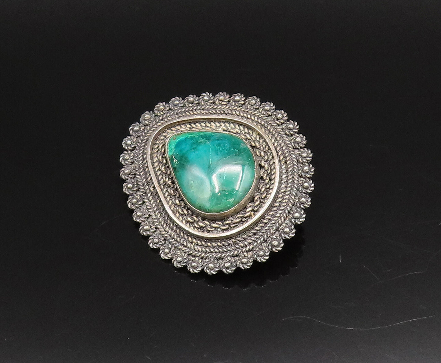 ISRAEL 925 Sterling Silver Vintage Rope Twist & Chrysocolla Brooch Pin BP10026