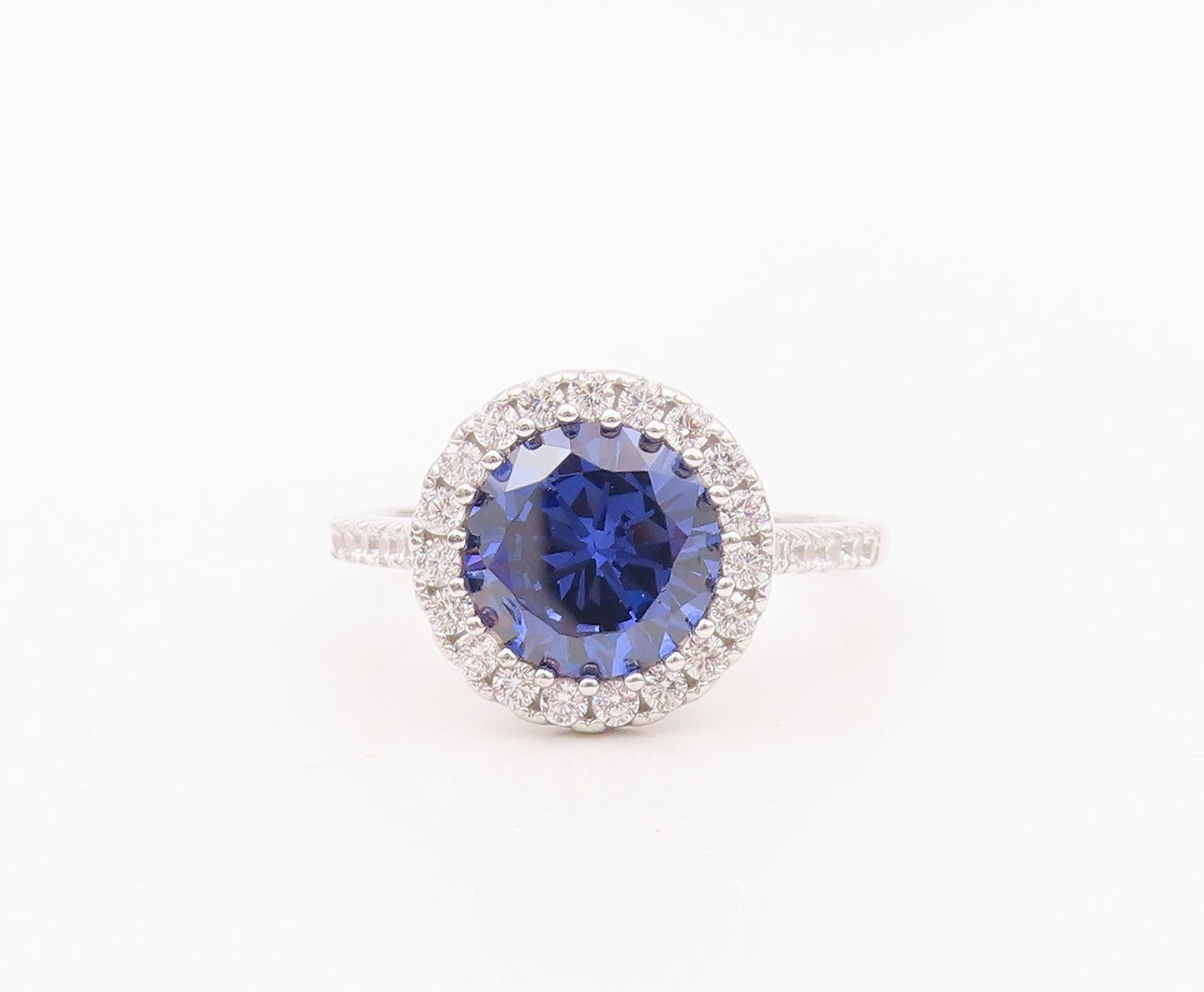 925 Sterling Silver Vintage Ring Round Sapphire & CZ Wedding Ring Sz 7.5 RG30144
