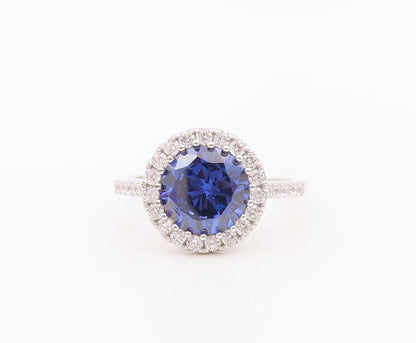 925 Sterling Silver Vintage Ring Round Sapphire & CZ Wedding Ring Sz 7.5 RG30144