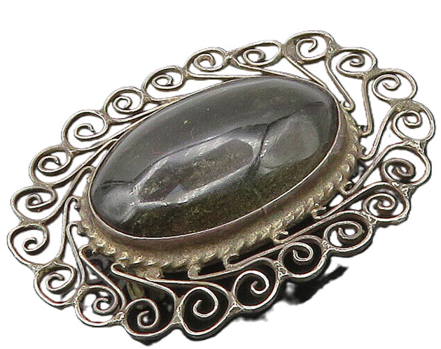MEXICO 925 Sterling Silver  Vintage Cabochon Cut Black Onyx Brooch Pin  BP6743