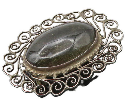 MEXICO 925 Sterling Silver  Vintage Cabochon Cut Black Onyx Brooch Pin  BP6743