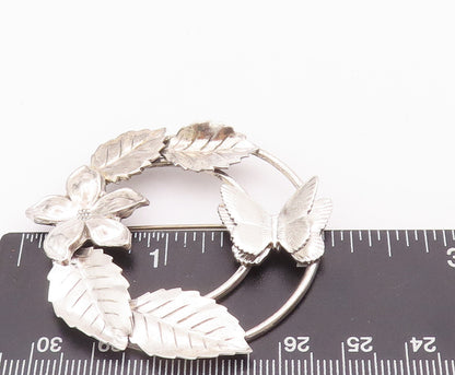 925 Sterling Silver Vintage Brooch Pin Solid Carved Butterfly Flowers  BP10770