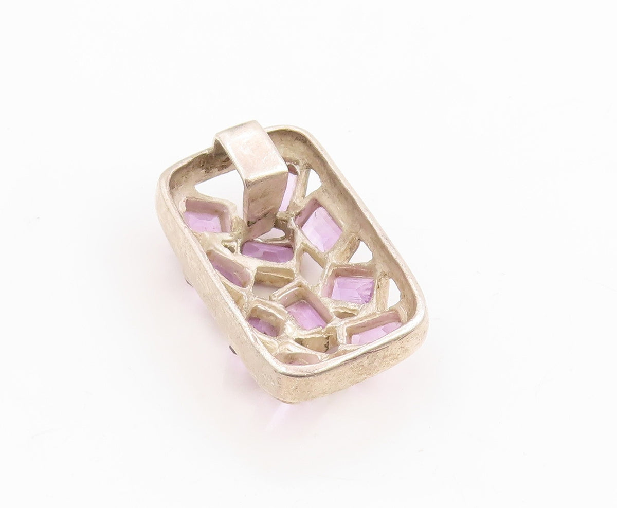 925 Sterling Silver Vintage Pendant Amethyst Geometric Cluster Charm  PT25365