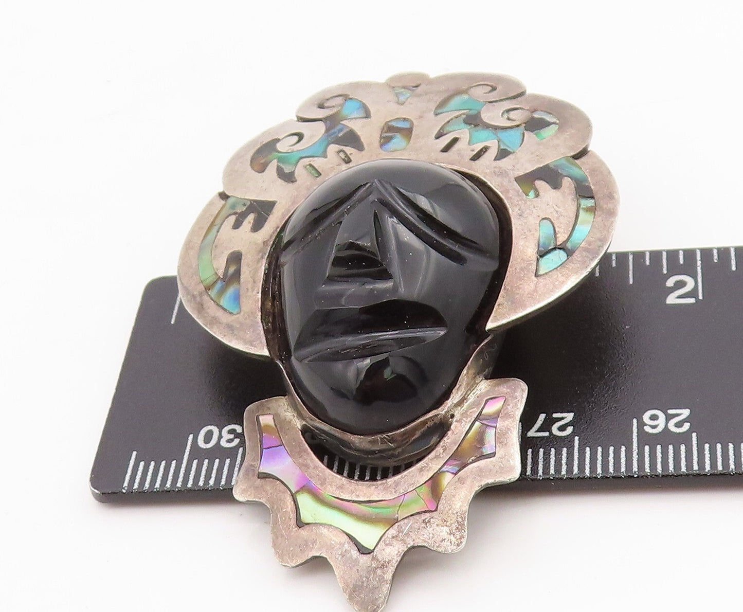 925 Sterling Silver Vintage Brooch Pin TAXCO Onyx Face Abalone Crown  BP11459