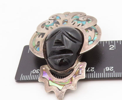 925 Sterling Silver Vintage Brooch Pin TAXCO Onyx Face Abalone Crown  BP11459