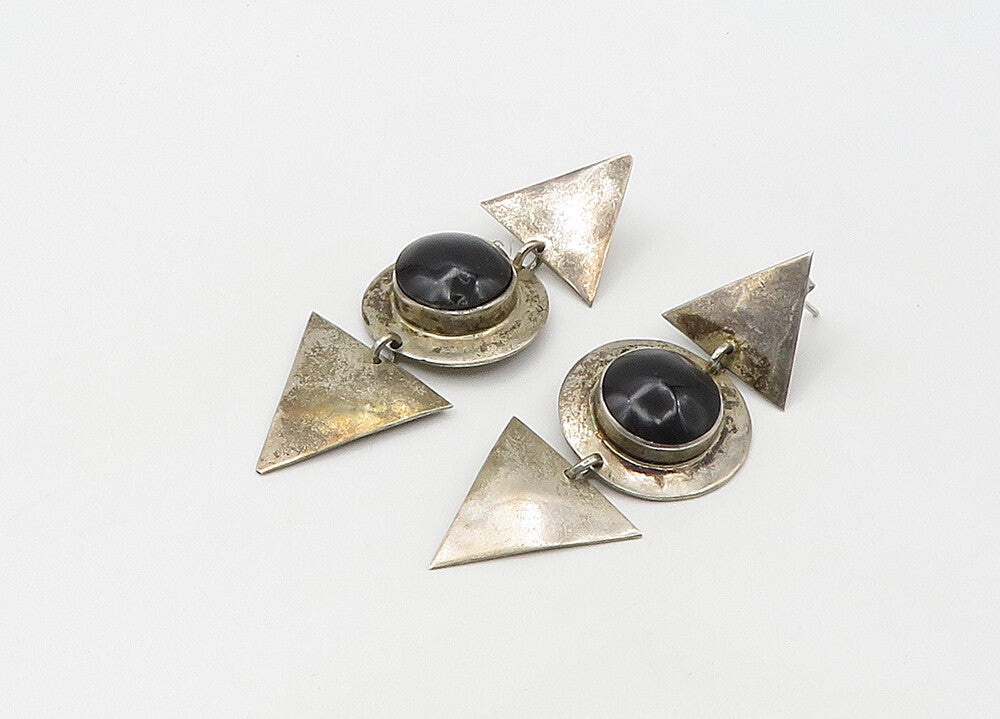 MEXICO 925  Silver  Vintage Cabochon Cut Black Onyx Dangle Earrings  EG10679