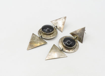 MEXICO 925  Silver  Vintage Cabochon Cut Black Onyx Dangle Earrings  EG10679