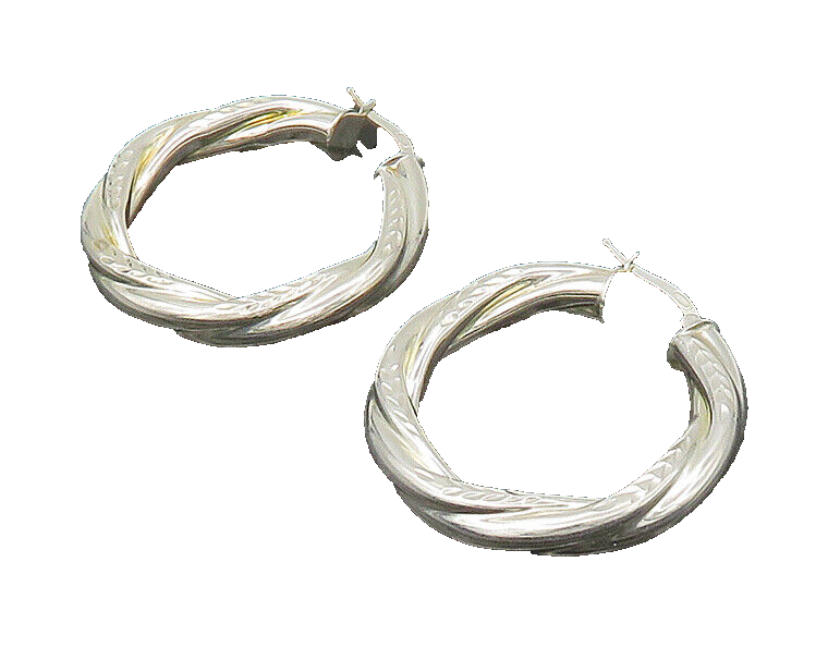 925 Sterling Silver  Vintage Shiny Etched Hollow Twist Hoop Earrings  EG11042