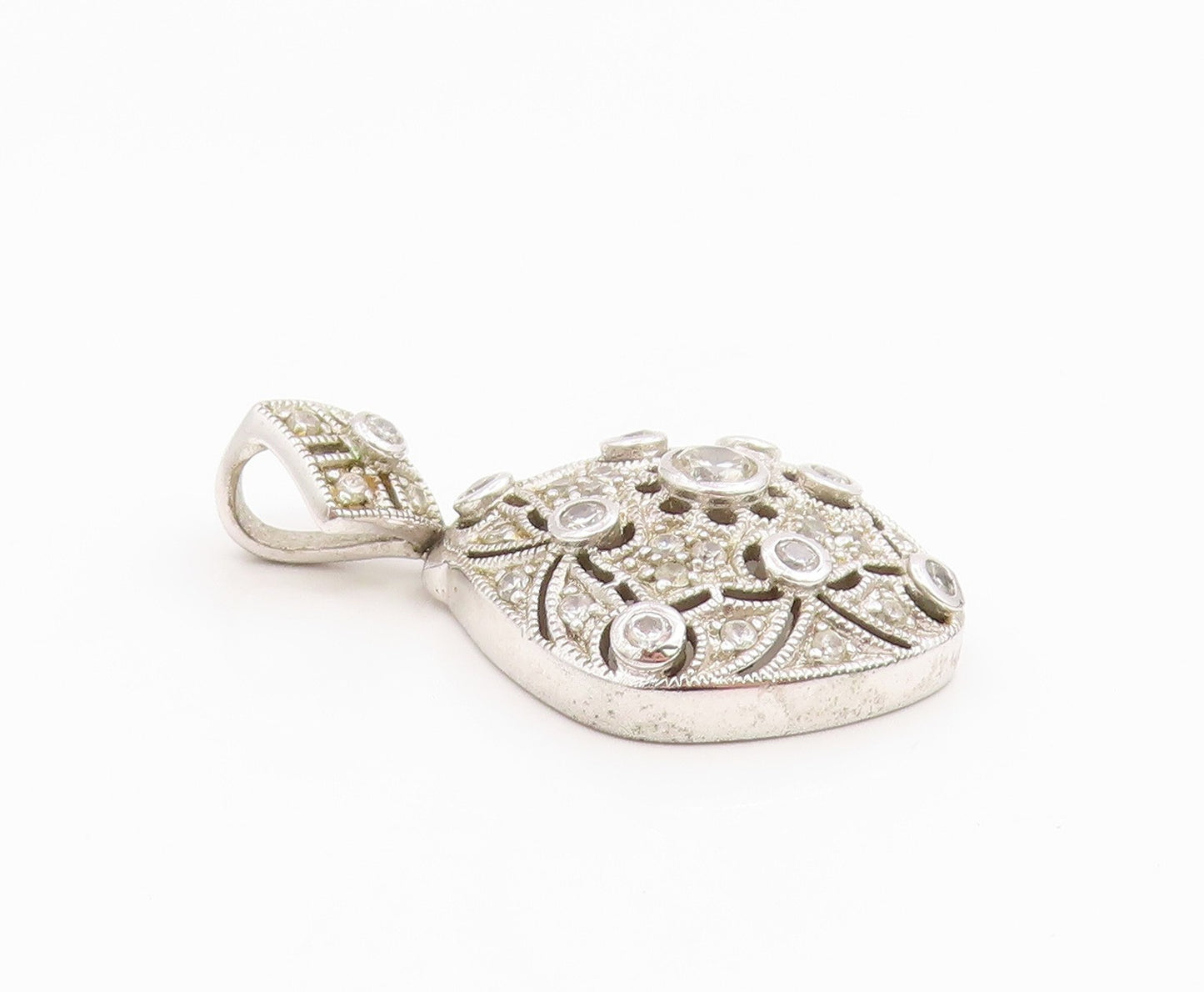 925 Sterling Silver Vintage Pendant CZ Classic Openwork Geometric Charm  PT25986