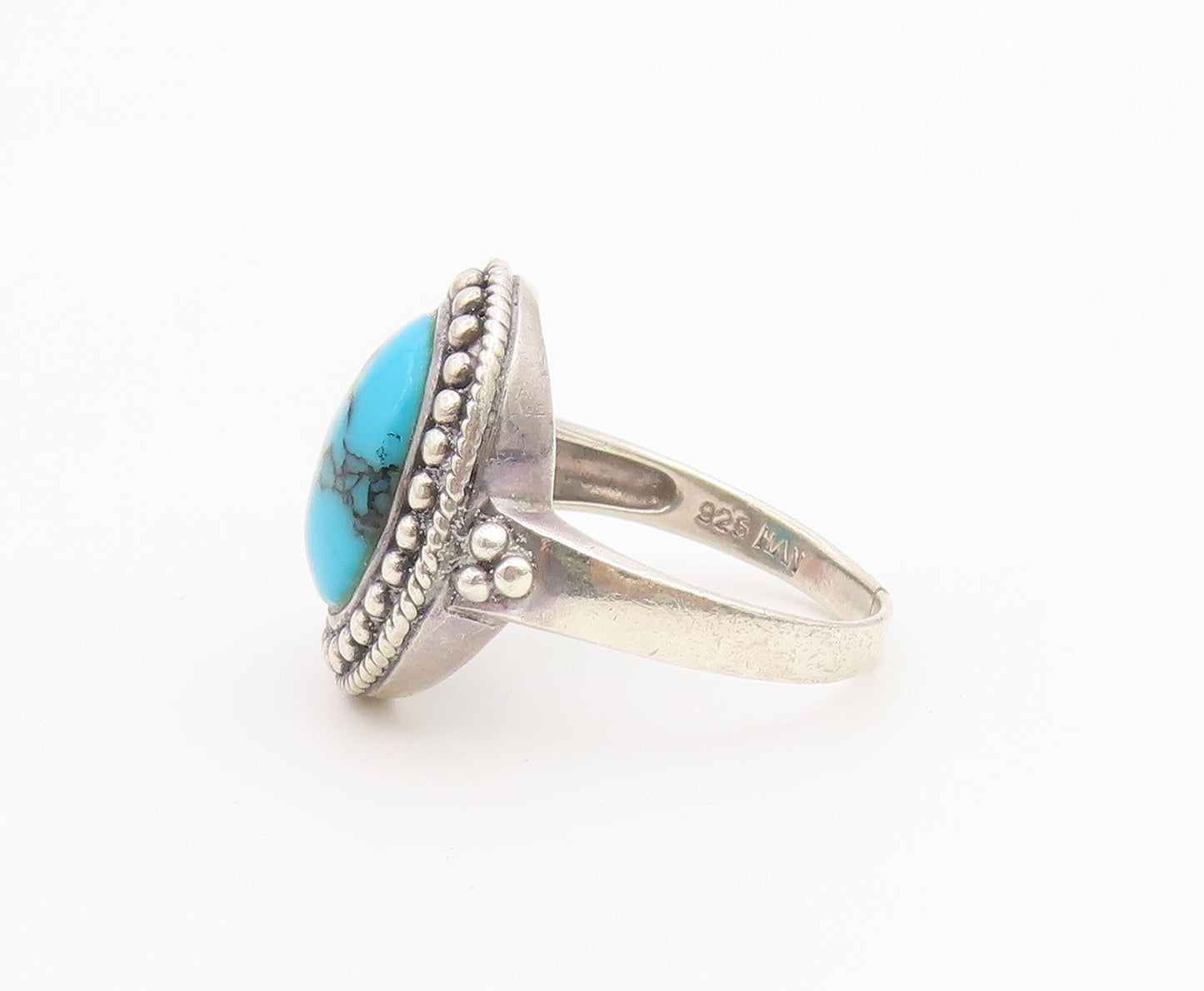 925 Sterling Silver Vintage Ring Turquoise Halo Beaded Edge Band  Sz 7  RG36728