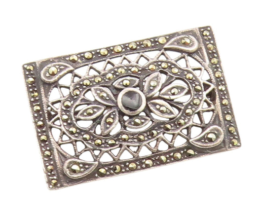 925 Sterling Silver Vintage Brooch Onyx & Marcasite Floral Openwork Pin  BP12417