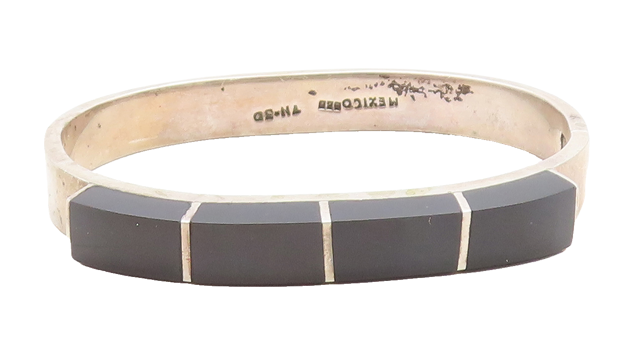 MEXICO 925 Sterling Silver Vintage Black Onyx Hinge Bangle Bracelet BT1939