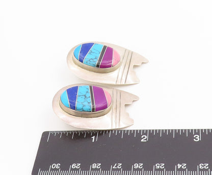 925 Sterling Silver Vintage Earrings MEXICO Multi Gemstone Inlay Design  EG13723