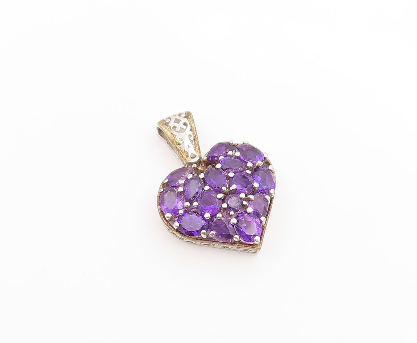 925 Sterling Silver Vintage Pendant Amethyst Elegant Love Heart Cluster  PT26101