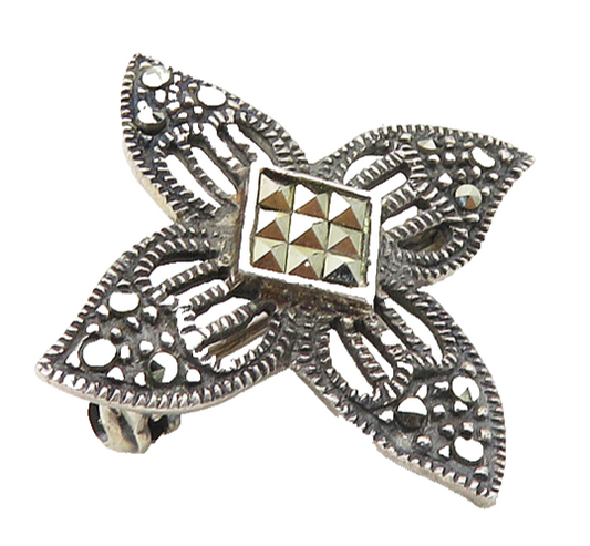 925 Sterling Silver  Vintage Marcasite Open Flower Motif Brooch Pin  BP3819