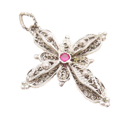 925 Sterling Silver Vintage Pendant Designer Floral Carved Garnet Cross  PT23771