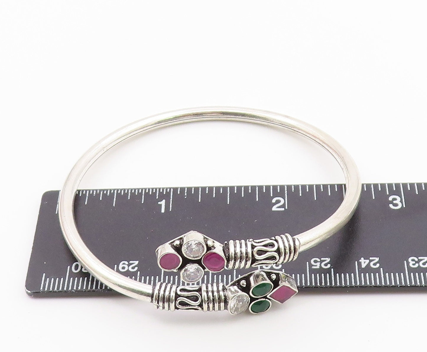 925 Silver  Vintage Ruby Emerald & White Topaz Bypass Cuff Bracelet  BT9564