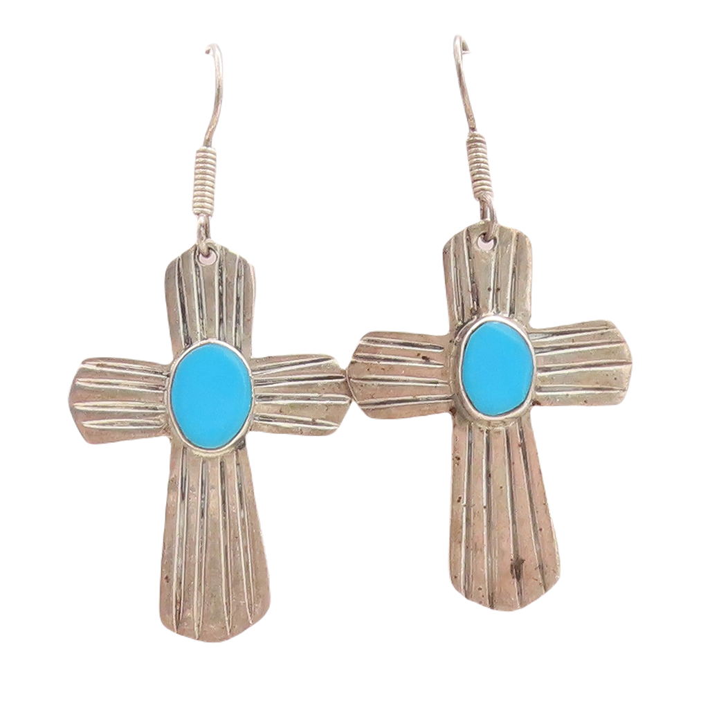 925 Sterling Silver Vintage Earrings MEXICO Larimar Grooved Cross  EG13280