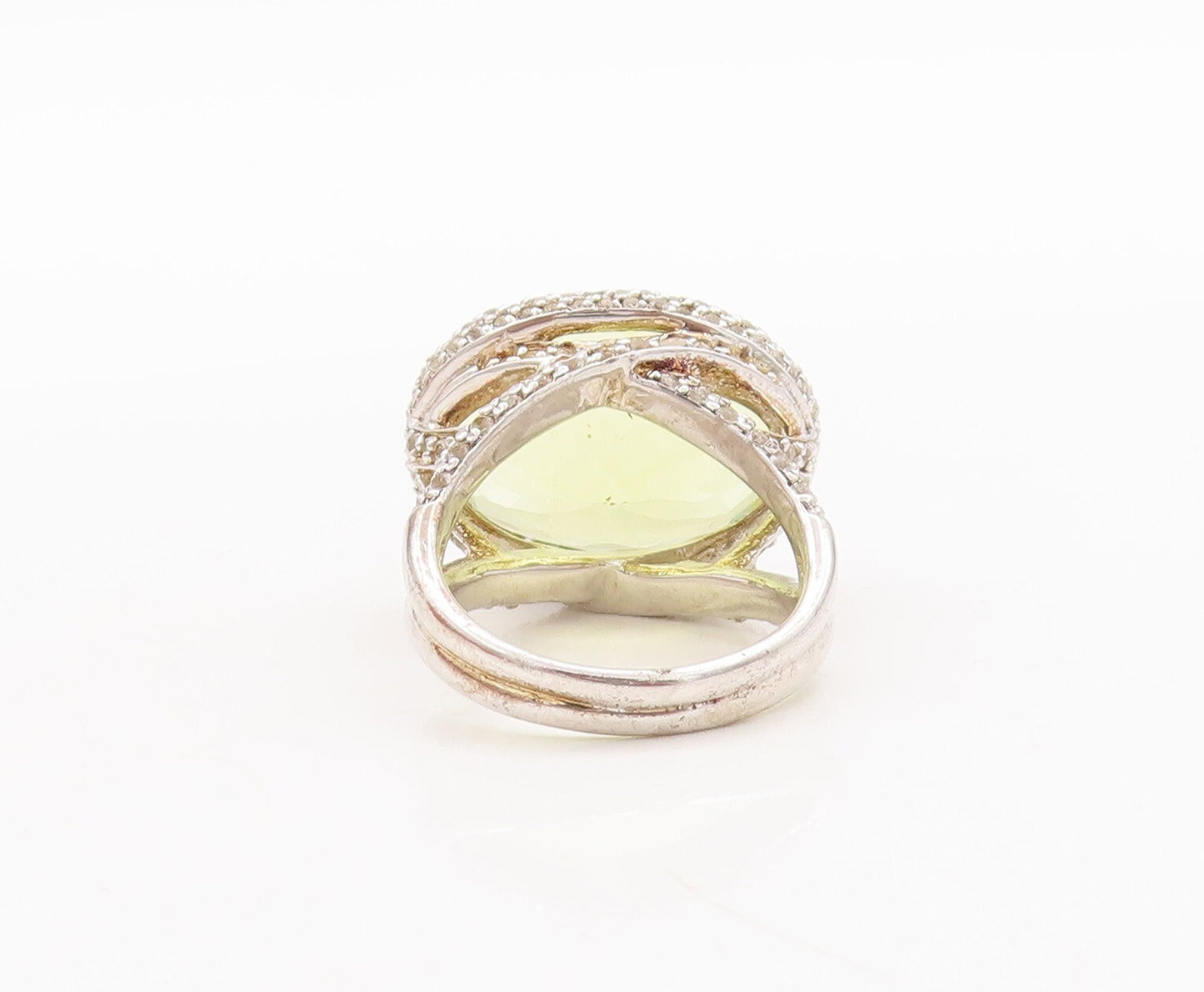 925 Sterling Silver Vintage Ring Large Oval Cut Lime Quartz & CZ  Sz 7  RG29471